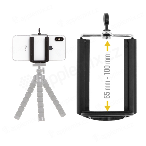 Univerzální nastavitelný držák na stativ / selfie tyč pro Apple iPhone a další telefony - šířka 6,5 - 10cm - černý