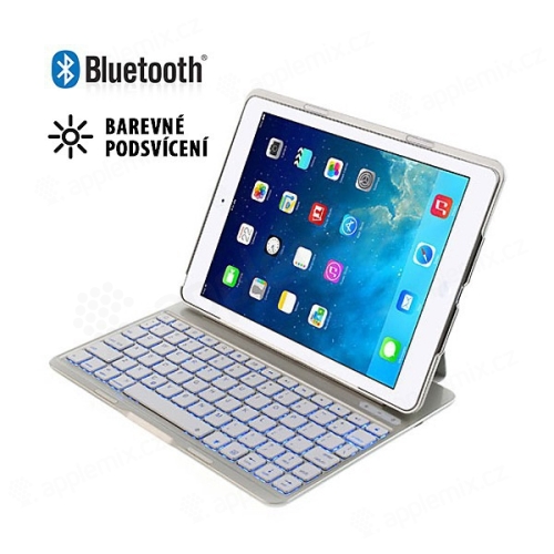 Mobilní klávesnice bluetooth 3.0 s krytem pro Apple iPad Air 1.gen. - barevně podsvícená - stříbrno-bílá