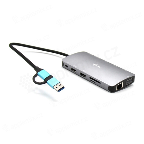 Redukce / adaptér / dok iTec - USB-C / USB-A na USB-C + 4x USB-A 3.0 + 2x HDMI + VGA - Displaylink - šedá