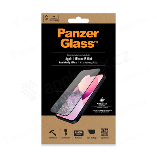 Tvrdené sklo PANZERGLASS pre Apple iPhone 13 mini - čierny rám - antibakteriálne - 0,4 mm