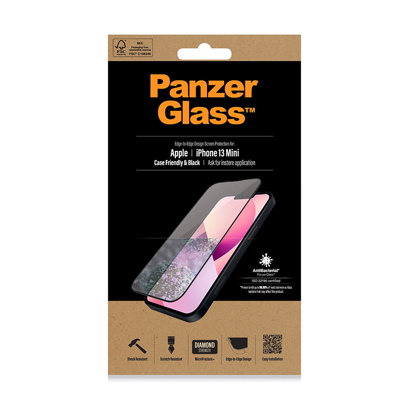 Tvrzené sklo (Tempered Glass) PANZERGLASS pro Apple iPhone 13 mini - černý rámeček - antibakteriální - 0,4mm
