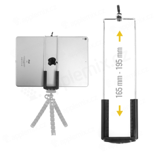 Univerzálny nastaviteľný držiak na statív / selfie tyč pre Apple iPad a iné zariadenia - šírka 16,5 - 19,5 cm - čierny