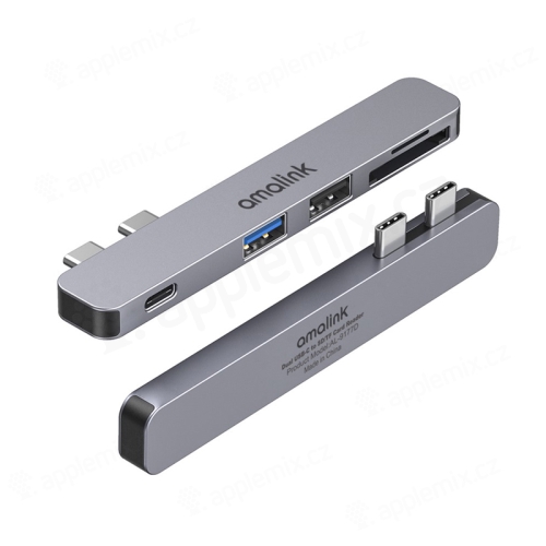 Rozbočovač AMALINK pre Apple MacBook - 2x USB-C na 2x USB-A 3.0 + USB-C + SD - mini - sivý