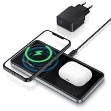 2v1 bezdrátová nabíječka / podložka Qi ESR pro Apple iPhone / AirPods - černá + EU adaptér 18W