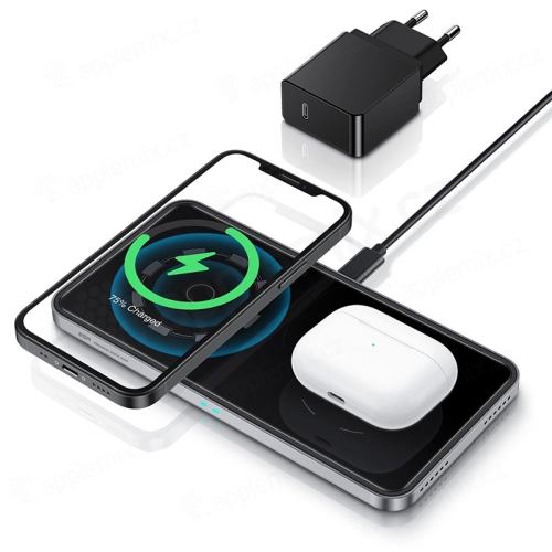 Bezdrôtová nabíjačka / podložka 2v1 Qi ESR pre Apple iPhone / AirPods - čierna + 18W adaptér EÚ