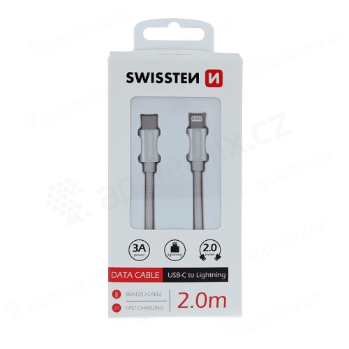 Kabel SWISSTEN Textile - USB-C / Lightning - kovové koncovky - 2m - stříbrný