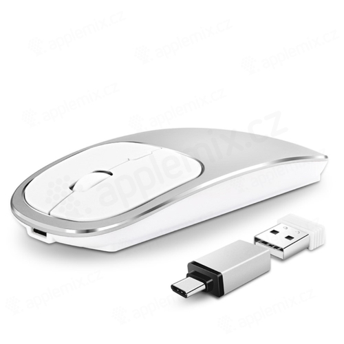 Optická bezdrôtová myš - prijímač USB + adaptér USB-C - dobíjacia - strieborná