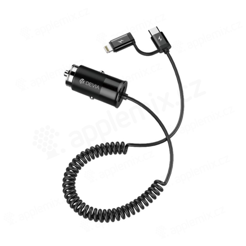 Autonabíječka DEVIA - kabel USB-C +  Lightning 1m + USB-A (2,4A) - černá