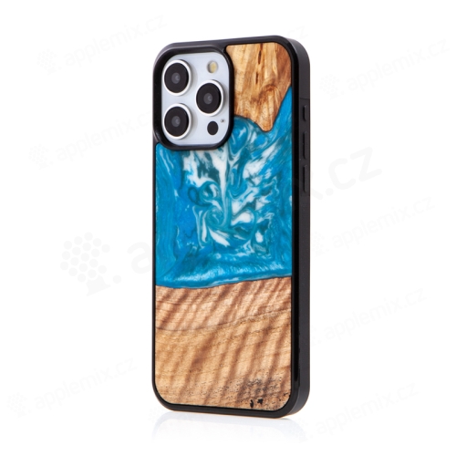 Kryt BEWOOD pre Apple iPhone 15 Pro Max - drevo / živica - svetlo modrá / hnedá