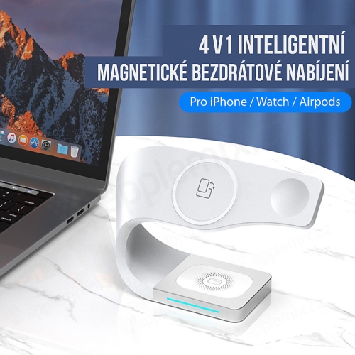 Stojánek / bezdrátová Qi nabíječka 3v1 pro Apple iPhone / Watch / AirPods - podpora MagSafe - bílý