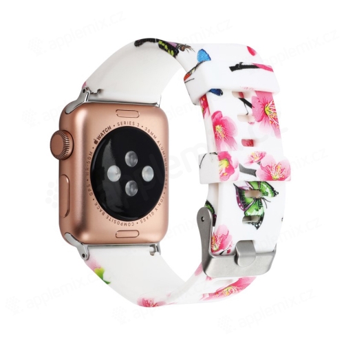 Řemínek pro Apple Watch 40mm Series 4 / 5 / 6 / SE / 38mm 1 / 2 / 3 - květinový motiv - silikonový - bílý