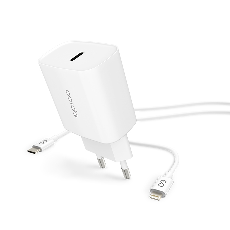 EPICO MFi2v1 nabíjecí sada 20W pro Apple zařízení - EU adaptér a kabel USB-C / Lightning - bílá