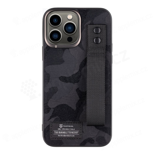 Kryt TACTICAL Camo pro Apple iPhone 13 Pro - látkový maskáč + poutko s nýty - plastový / gumový - černý