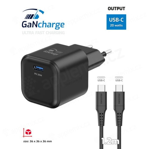 Nabíjacia súprava SWISSTEN GaN pre Apple - 20W adaptér USB-C EÚ + kábel USB-C 1,2 m - čierna