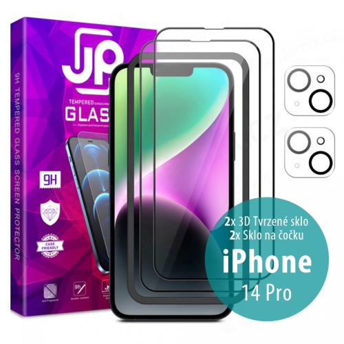 Tvrzené sklo JP Full Pack pro Apple iPhone 14 Pro - čiré 3D - sada 2 kusů + aplikátor + 2x sklo na čočku