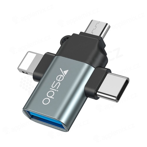 YESIDO OTG adaptér / adaptér / redukcia - USB-C / Micro USB / Lightning na USB-A samica - 3v1 - sivá