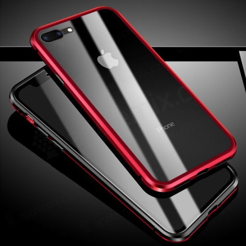 Kryt pre Apple iPhone 7 Plus / 8 Plus - magnetické pripevnenie - sklo / kov - 360° ochrana - priehľadný / červený