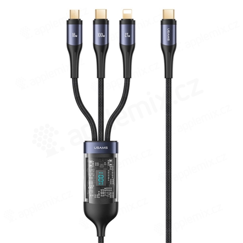 Nabíjací kábel USAMS 3v1 - USB-C na Lightning + USB-C + Micro USB - 100 W - LCD - šnúrka - čierny