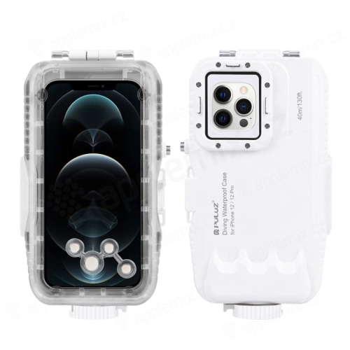 PULUZ vodotesné puzdro pre Apple iPhone 12 / 12 Pro / 13 / 13 Pro - odolnosť do hĺbky 40 m (IPX8) - priehľadné / biele
