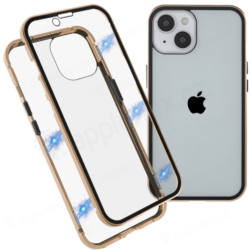 Kryt pre Apple iPhone 15 Plus - 360° ochrana - magnetické uchytenie - sklo / kov - zlatý
