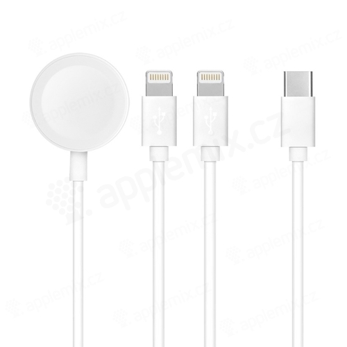 Synchronizačný a nabíjací kábel 3v1 - USB-C / 2x Lightning pre Apple iPhone / iPad + Apple Watch - 1,2 m - Biely