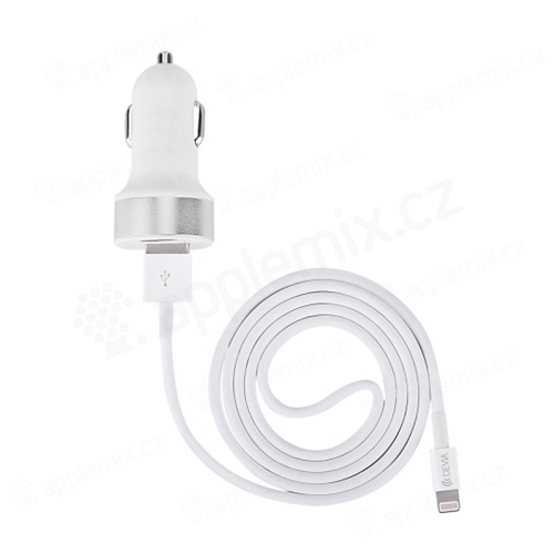 2v1 nabíjecí sada DEVIA pro Apple zařízení - autonabíječka s 2 USB porty (2,4 A) a MFi kabel Lightning - bílá