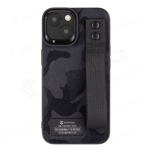 Kryt TACTICAL Camo pre Apple iPhone 14 - látkový maskáč + remienok s nitmi - plastový/gumový - čierny