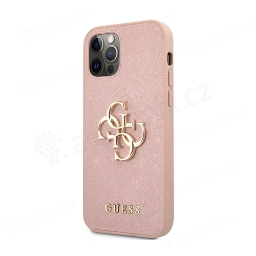 GUESS Saffiano kryt pre Apple iPhone 12 / 12 Pro - kovové logo 4G - umelá koža - ružový