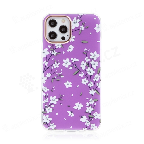 Kryt pre Apple iPhone 12 / 12 Pro - plast / guma - čerešňový kvet - fialový