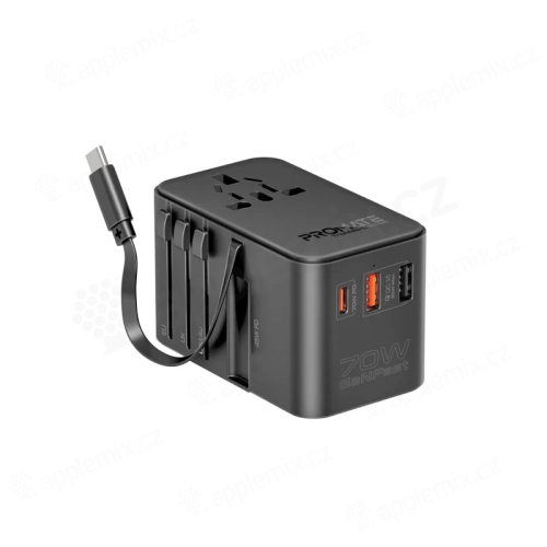 70W cestovný adaptér / nabíjačka PROMATE - EU / UK / USA / CN + USB-A + USB-C - kábel USB-C - čierny