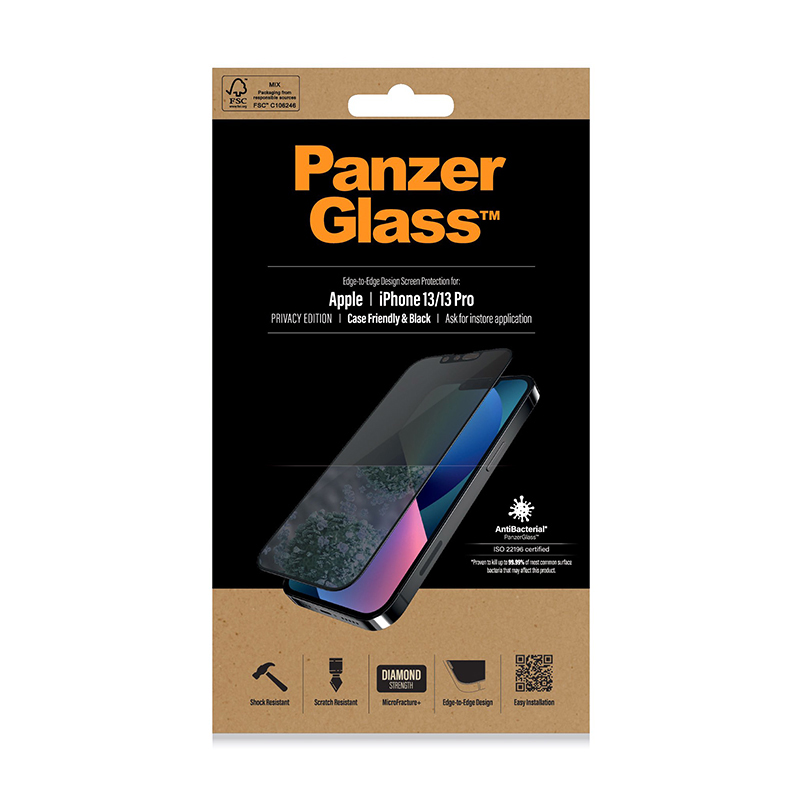 Tvrzené sklo (Tempered Glass) PANZERGLASS pro Apple iPhone 13 / 13 Pro - černý rámeček - privacy - 0,4mm