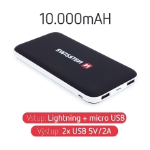 Externí baterie / power bank SWISSTEN - 10000 mAh - 2x USB, 2A, vstup Lightning / Micro USB - černá