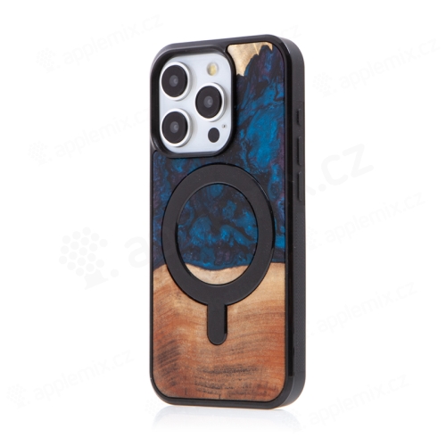 Kryt BEWOOD pro Apple iPhone 15 Pro - podpora MagSafe - dřevo / pryskyřice - tmavě modrý / hnědý