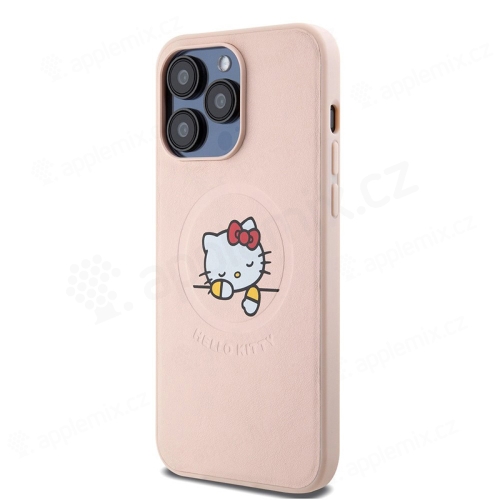 Kryt HELLO KITTY pro Apple iPhone 15 Pro Max - spící Kitty - MagSafe - silikon / umělá kůže - růžový