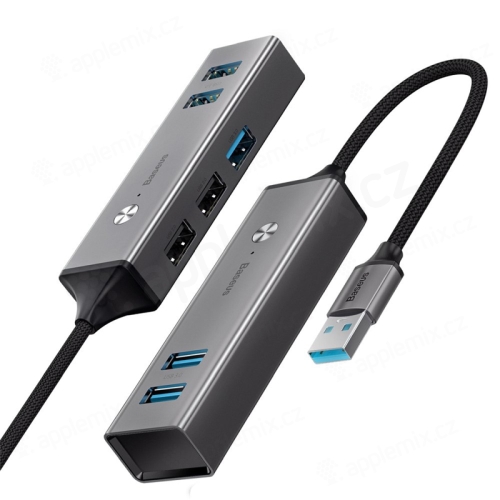 USB rozbočovač BASEUS - 3x USB 3.0 + 2x USB 2.0 - opletený kabel - kovový - šedý