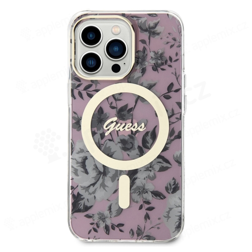 Kryt GUESS IML Flowers pro Apple iPhone 13 Pro - podpora MagSafe - plastový / gumový - růžový