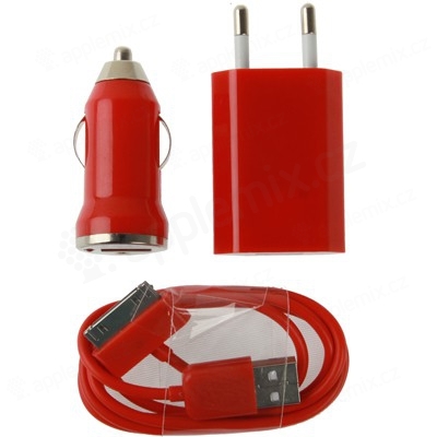 3v1 nabíjecí sada pro Apple iPhone / iPod - EU adaptér, autonabíječka a 30pin kabel - červená