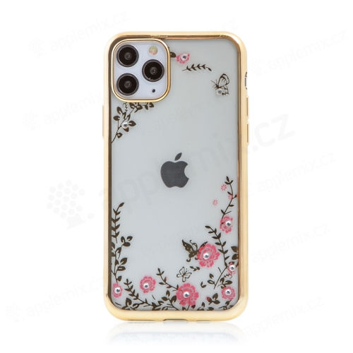 Kryt FORCELL Diamond pre Apple iPhone 11 Pro Max - gumový - kvety a kamienky - zlatý rám