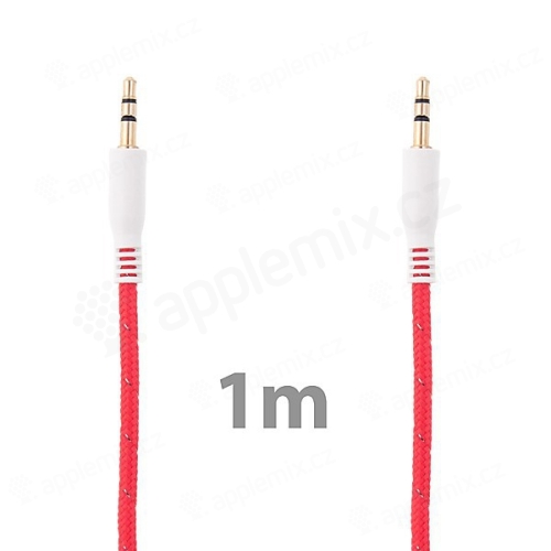Propojovací audio jack kabel 3,5mm pro Apple iPhone / iPad / iPod a další zařízení - tkanička - červený - 1m