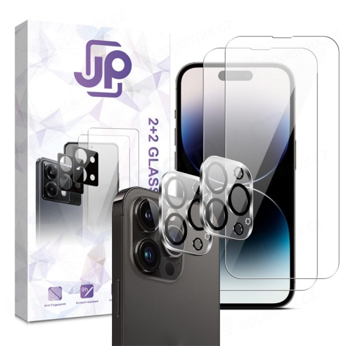 Tvrdené sklo JP Combo Pack pre Apple iPhone 14 Pro - číre - sada 2 kusov + 2x 2,5D sklo na šošovky - číre