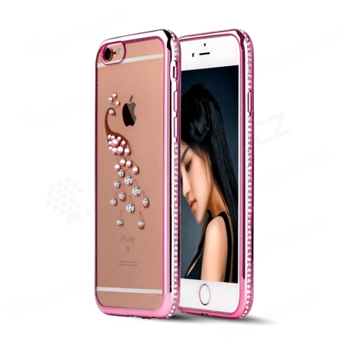 Kryt pro Apple iPhone 6 / 6S gumový s lesklými kamínky - páv - Rose Gold růžový