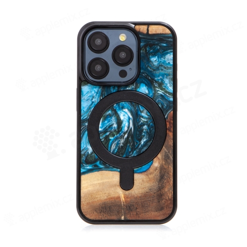 Kryt BEWOOD pro Apple iPhone 15 Pro - podpora MagSafe - dřevo / pryskyřice - tmavě modrý / hnědý