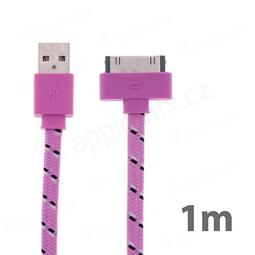 Synchronizační a nabíjecí kabel s 30pin konektorem pro Apple iPhone / iPad / iPod - tkanička - plochý světle růžový - 1m