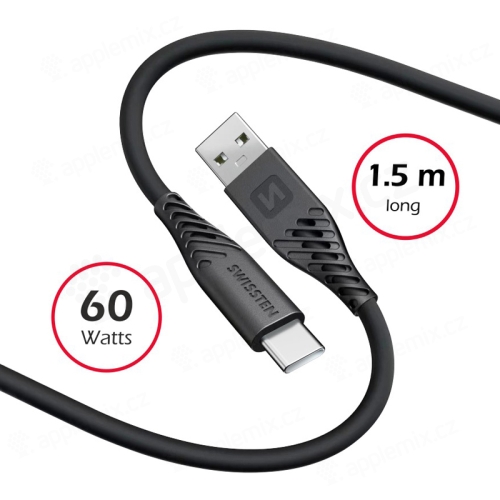 Mäkký silikónový nabíjací kábel SWISSTEN pre Apple iPhone / iPad - USB-A / USB-C - 1,5 m - 60 W - čierny