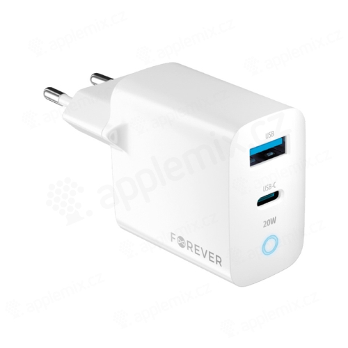 20W EU napájecí adaptér / nabíječka FOREVER - USB-A + USB-C pro Apple iPhone / iPad - bílý