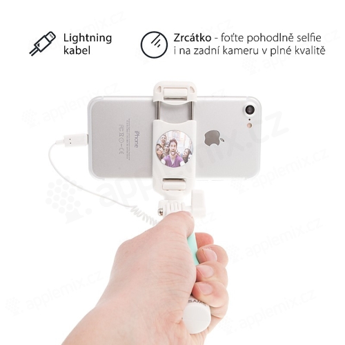Selfie tyč / monopod USAMS - kabelová spoušť s lightning konektorem + zrcátko - tyrkysová