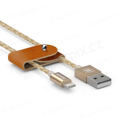 MFi certifikovaný synchronizační a nabíjecí kabel Lightning BASEUS pro Apple zařízení - nylonový - zlatý - 1m + kožený pásek