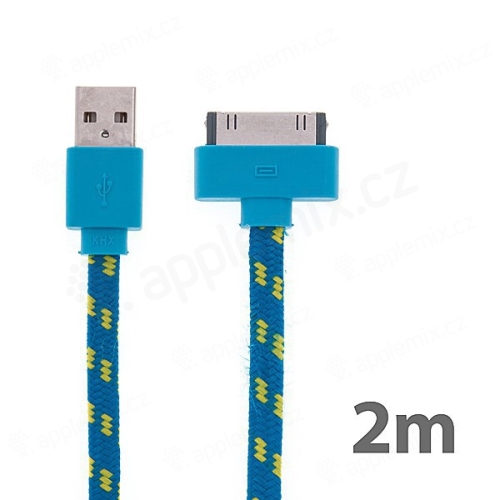 Synchronizační a nabíjecí kabel s 30pin konektorem pro Apple iPhone / iPad / iPod - tkanička - plochý modrý - 2m