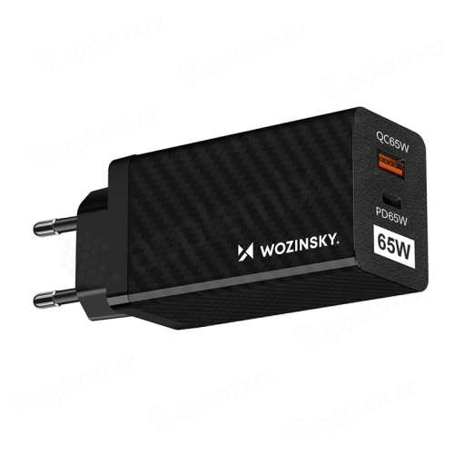 65W EU adaptér / nabíjačka WOZINSKY pre Apple iPhone / iPad / MacBook - GaN - USB-A + USB-C - čierna