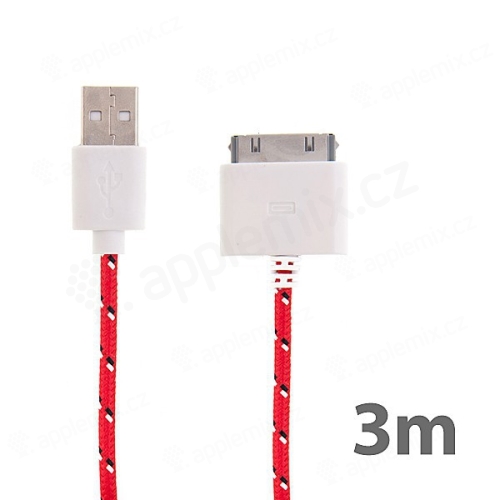 Synchronizační a nabíjecí kabel s 30pin konektorem pro Apple iPhone / iPad / iPod - tkanička - červený
